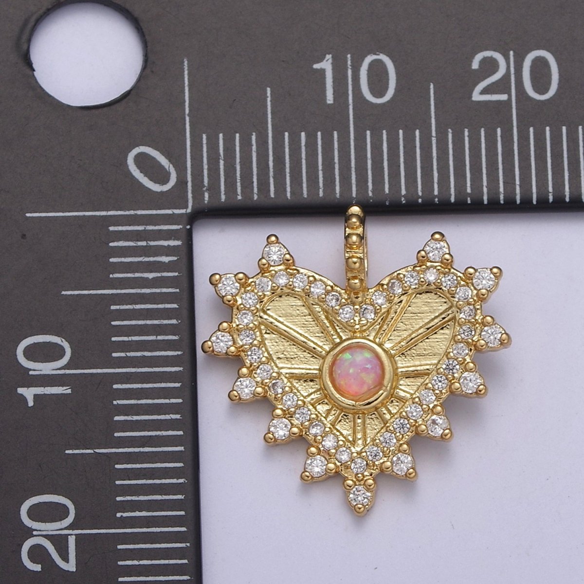 OS Dainty Radial Heart Pendant Gold Fill Medallion Charm Pink Opal Cz Love Jewelry | H241