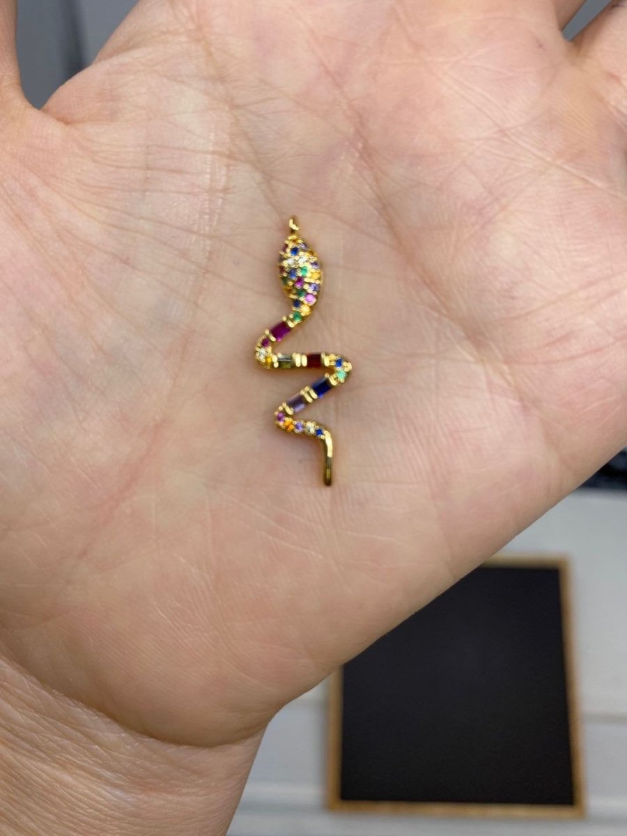 Dainty Rainbow Micro Pave Snake Charm, CZ Cubic Snake Charm Gold Filled Serpent Charm Animal Charm for Necklace, Earring, Bracelet Component D-067 - DLUXCA
