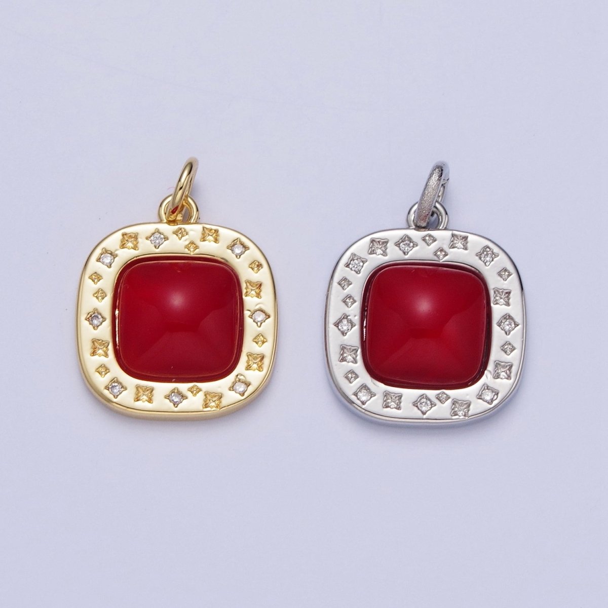 Dainty Red Carnelian Square Geometric Star Charm in Gold & Silver | N-474