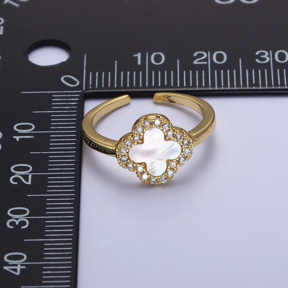 Dainty Shell Pearl Clover Ring Micro Pave Quatrefoil Ring Lucky Jewelry Four leaf Ring Y-604 - DLUXCA