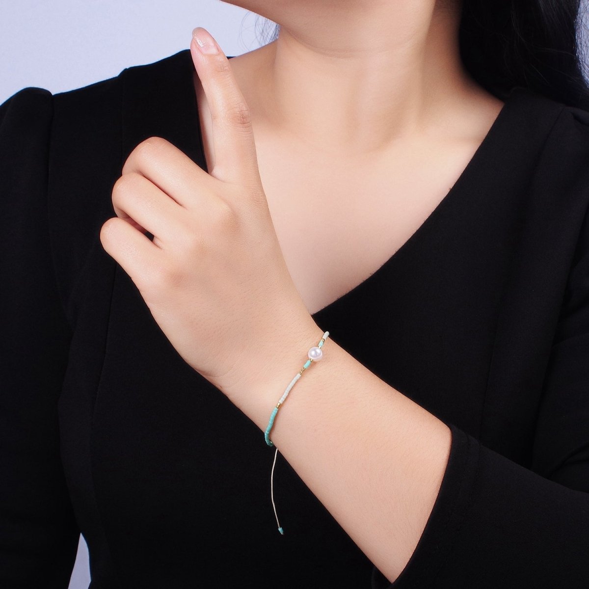 Dainty Shell Pearl Cord Bracelet with Turquoise Gold Cylinder Beaded Adjustable Bracelet | WA-2201 Clearance Pricing