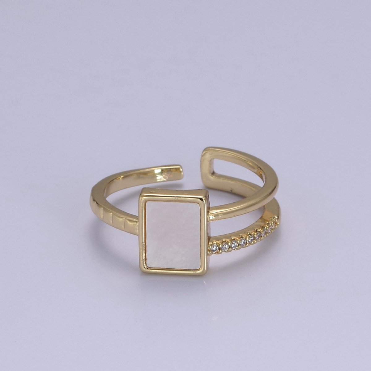 OS Dainty Shell Pearl Ring Square Pearl with Micro Pave CZ Gold Band Open Adjustable S-436