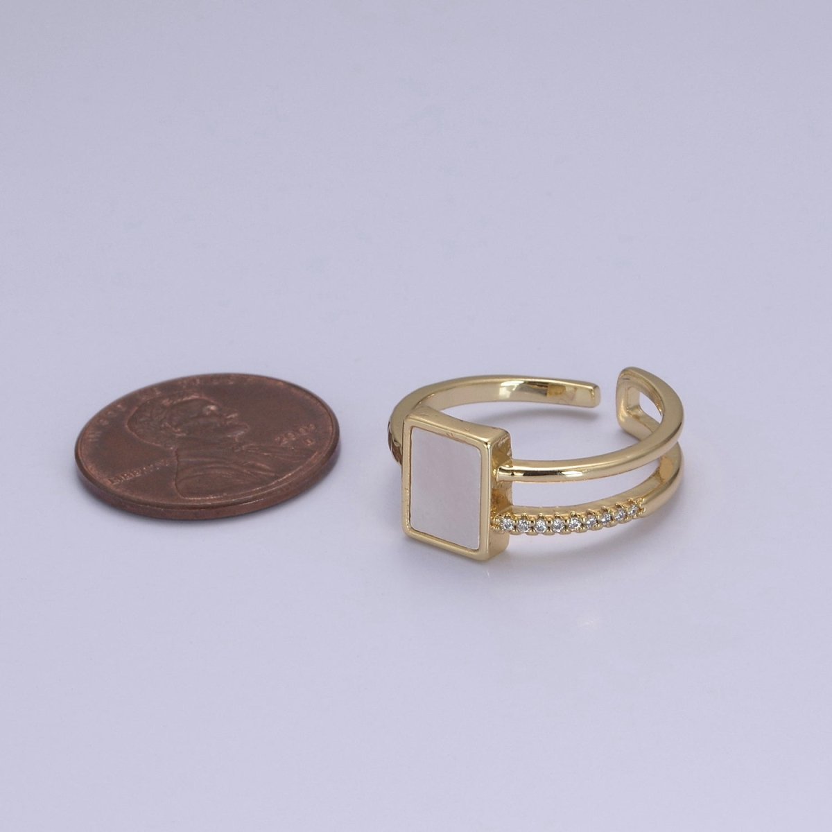 OS Dainty Shell Pearl Ring Square Pearl with Micro Pave CZ Gold Band Open Adjustable S-436