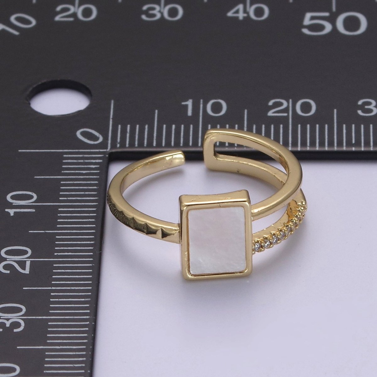 OS Dainty Shell Pearl Ring Square Pearl with Micro Pave CZ Gold Band Open Adjustable S-436