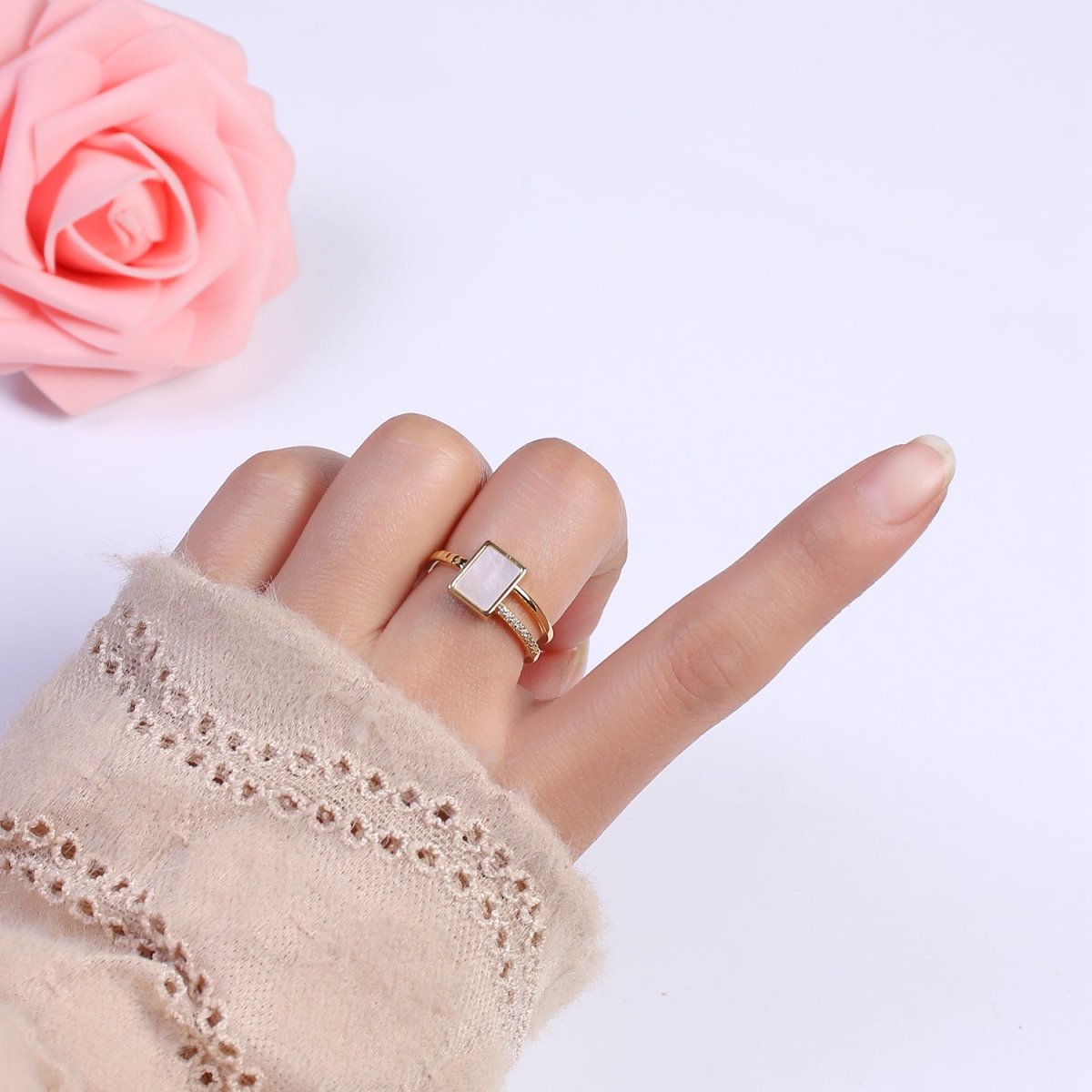 OS Dainty Shell Pearl Ring Square Pearl with Micro Pave CZ Gold Band Open Adjustable S-436