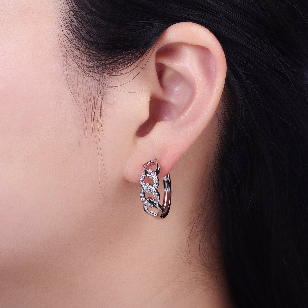 Dainty Silver Chain Link with CZ Micro Pave Stone AB786 - DLUXCA