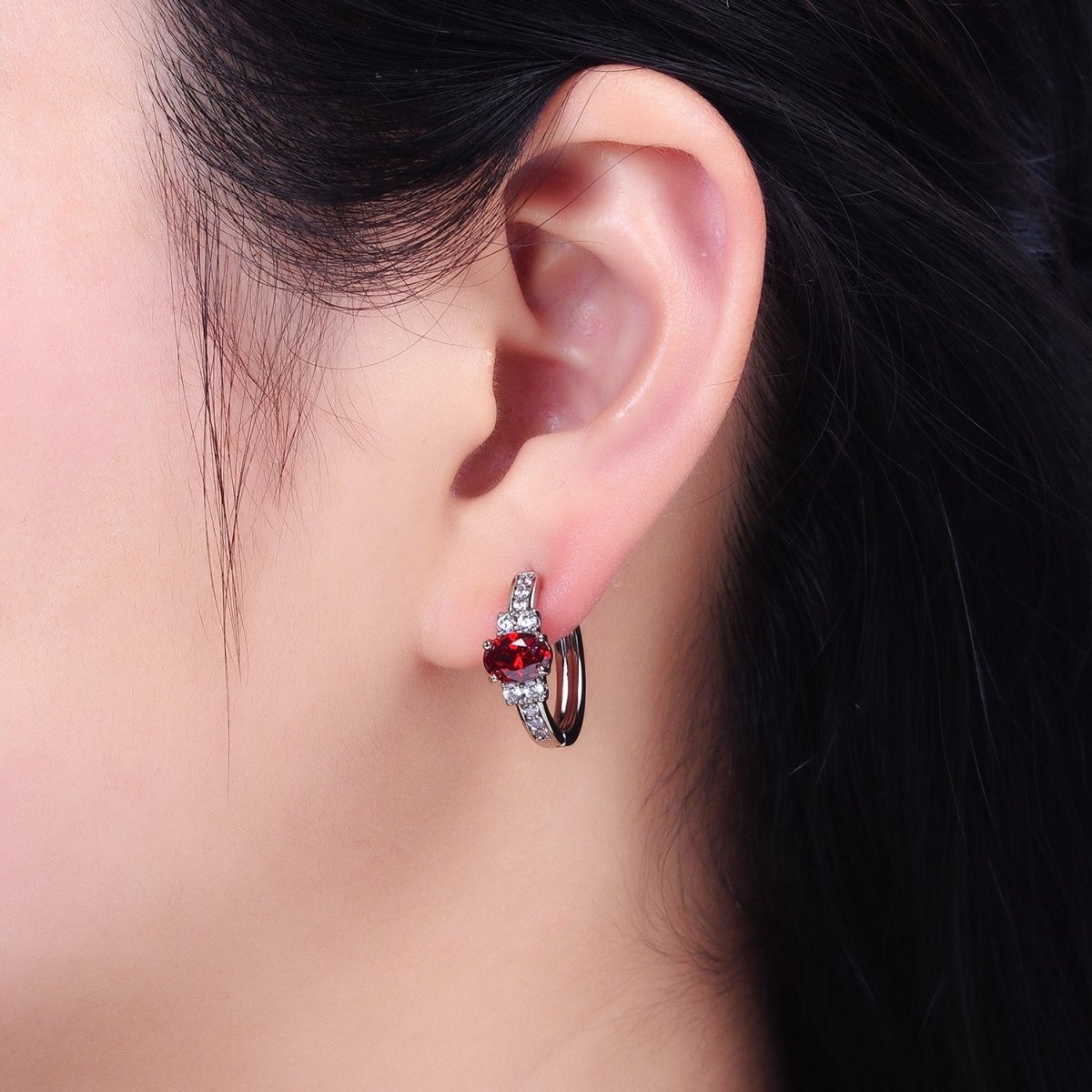 Dainty Silver Huggie Earring Minimalist Clear Blue Red Green CZ Stone Hoop Earring AB788 AB789 AB790 AB791