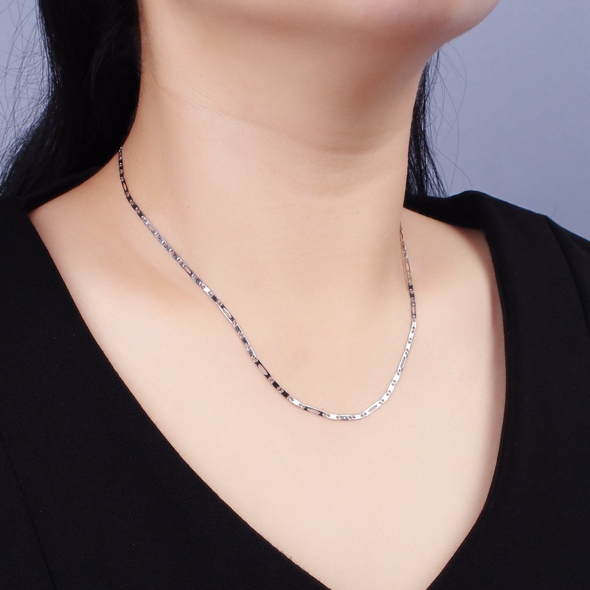 Dainty Stainless Steel 1.7mm Flat Anchor Figaro Chain 18 Inch Necklace in Silver | WA-2376 - DLUXCA