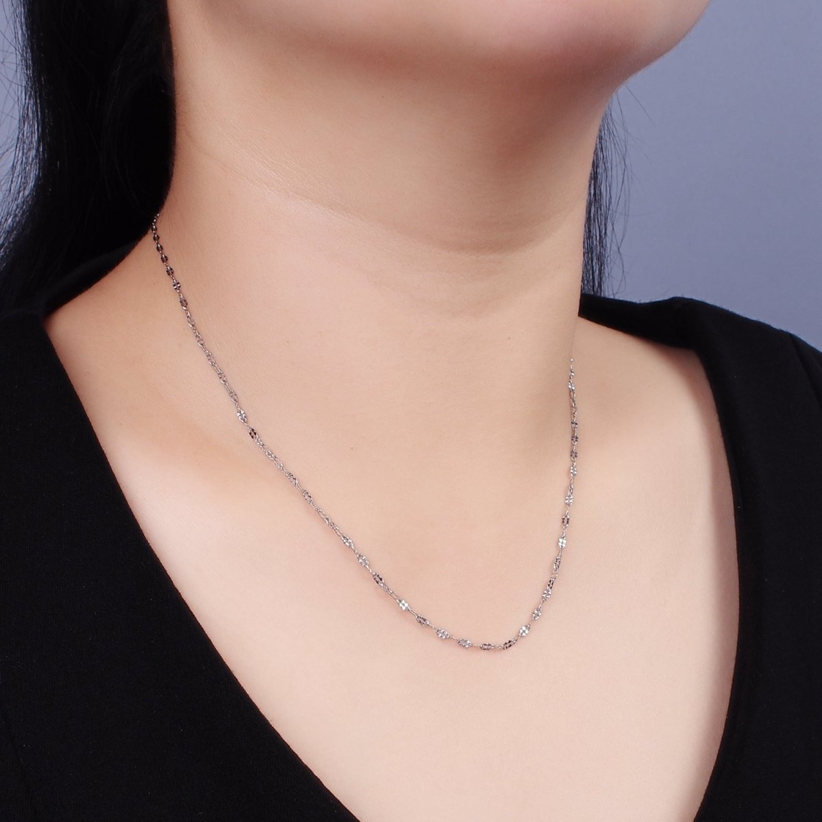 Dainty Stainless Steel Sunburst Diamond Cut Cable Chain Necklace 18 inch in Silver | WA-2392 - DLUXCA