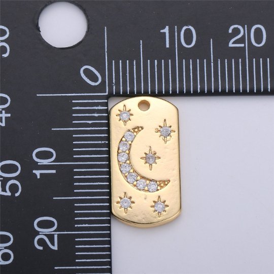 16K Gold Filled Micro Paved CZ Celestial Moon Star Tag Charm | C678