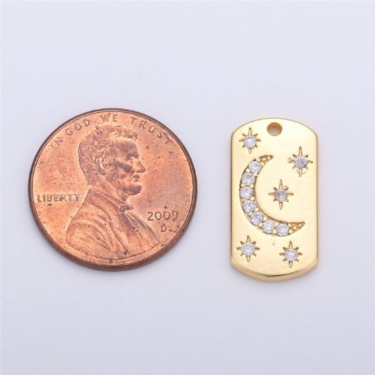 16K Gold Filled Micro Paved CZ Celestial Moon Star Tag Charm | C678