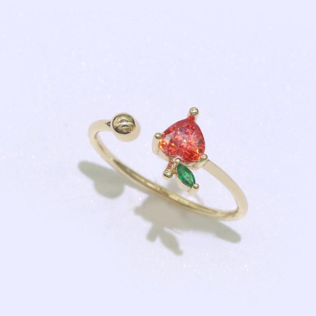 Dainty Strawberry ring, Gold Mini Fruit Ring, Dainty Stackable Rings, Open Adjustable Ring Crystal Tropical Fruits Ring O-451 - DLUXCA