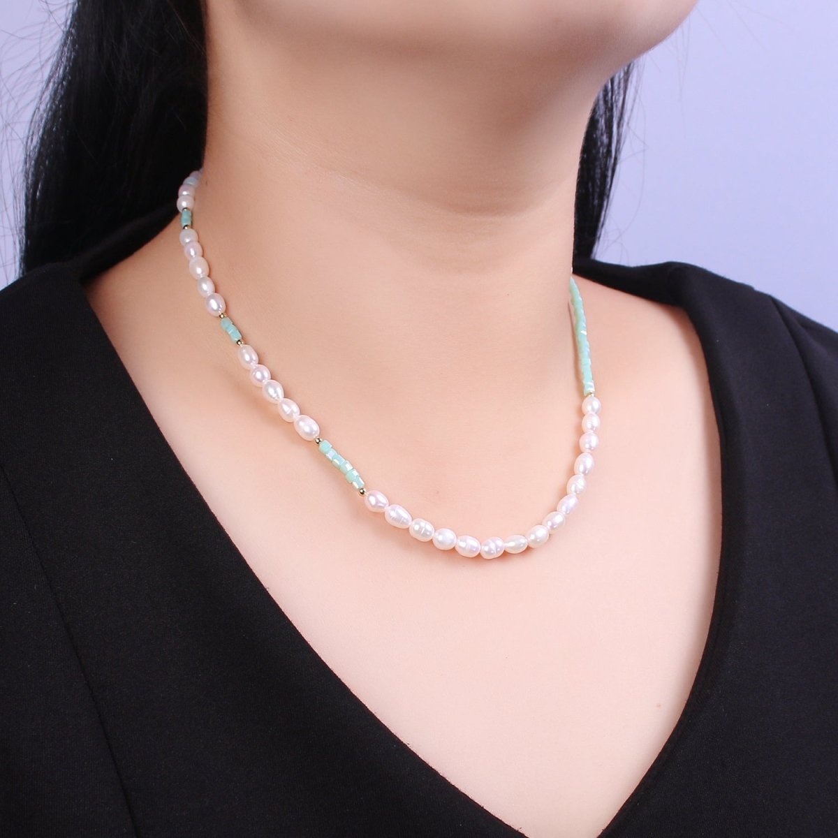 Dainty Teal Bead Freshwater Pearl Beaded Necklace, Seed Bead Jewelry, Gifts for Her | WA-446 Clearance Pricing