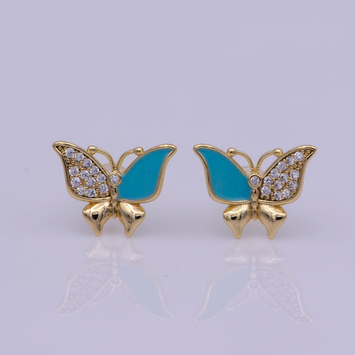 Dainty Teal, White Enamel, Crystal Zirconia CZ Butterfly Wings Gold Stud Earrings | T-225 T-226