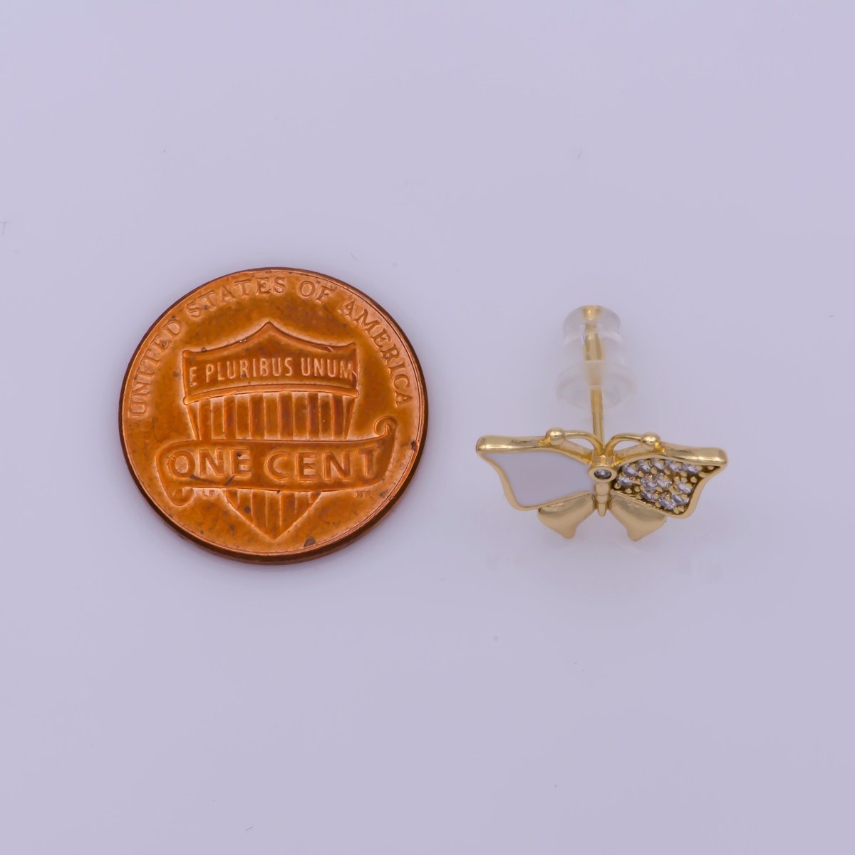 Dainty Teal, White Enamel, Crystal Zirconia CZ Butterfly Wings Gold Stud Earrings | T-225 T-226