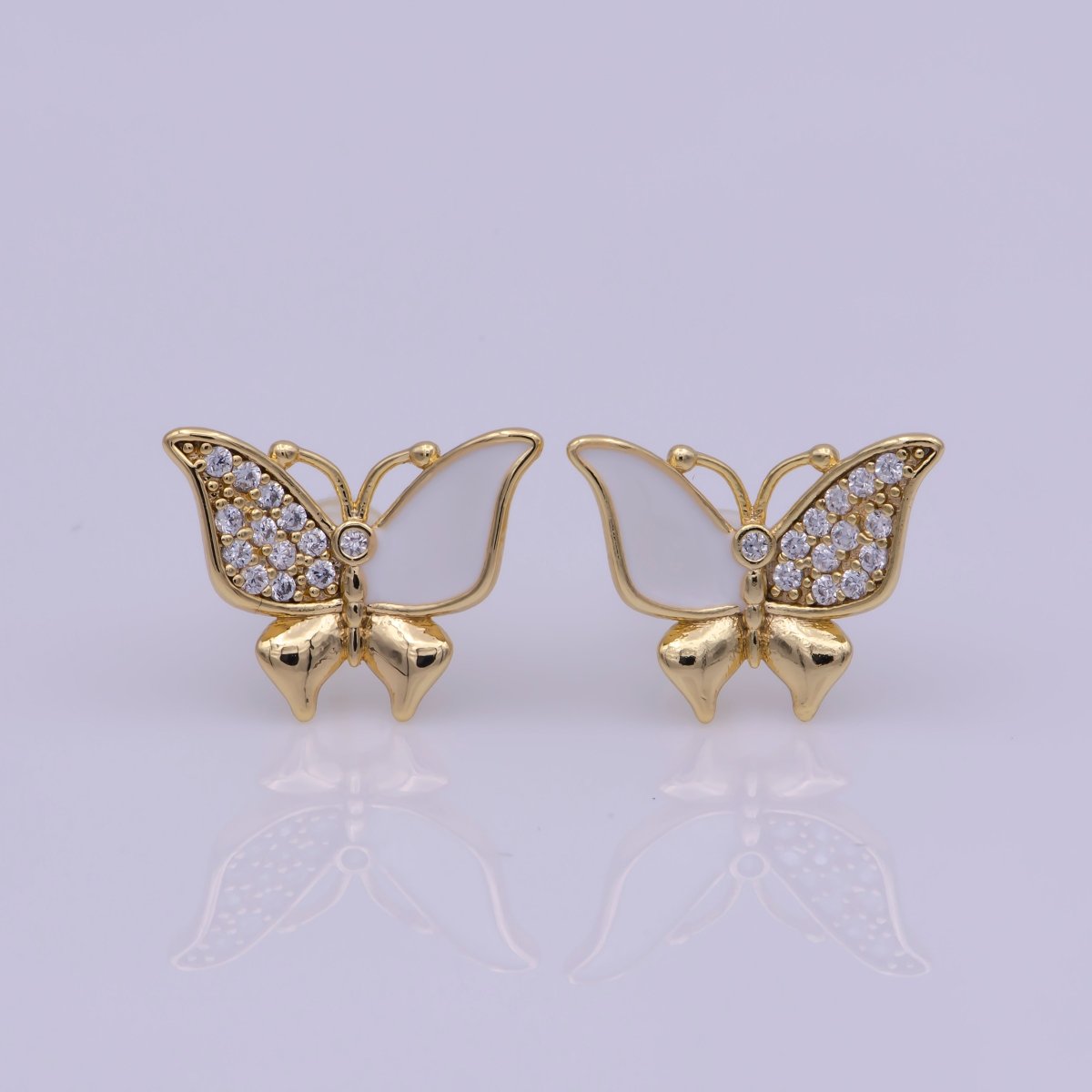Dainty Teal, White Enamel, Crystal Zirconia CZ Butterfly Wings Gold Stud Earrings | T-225 T-226