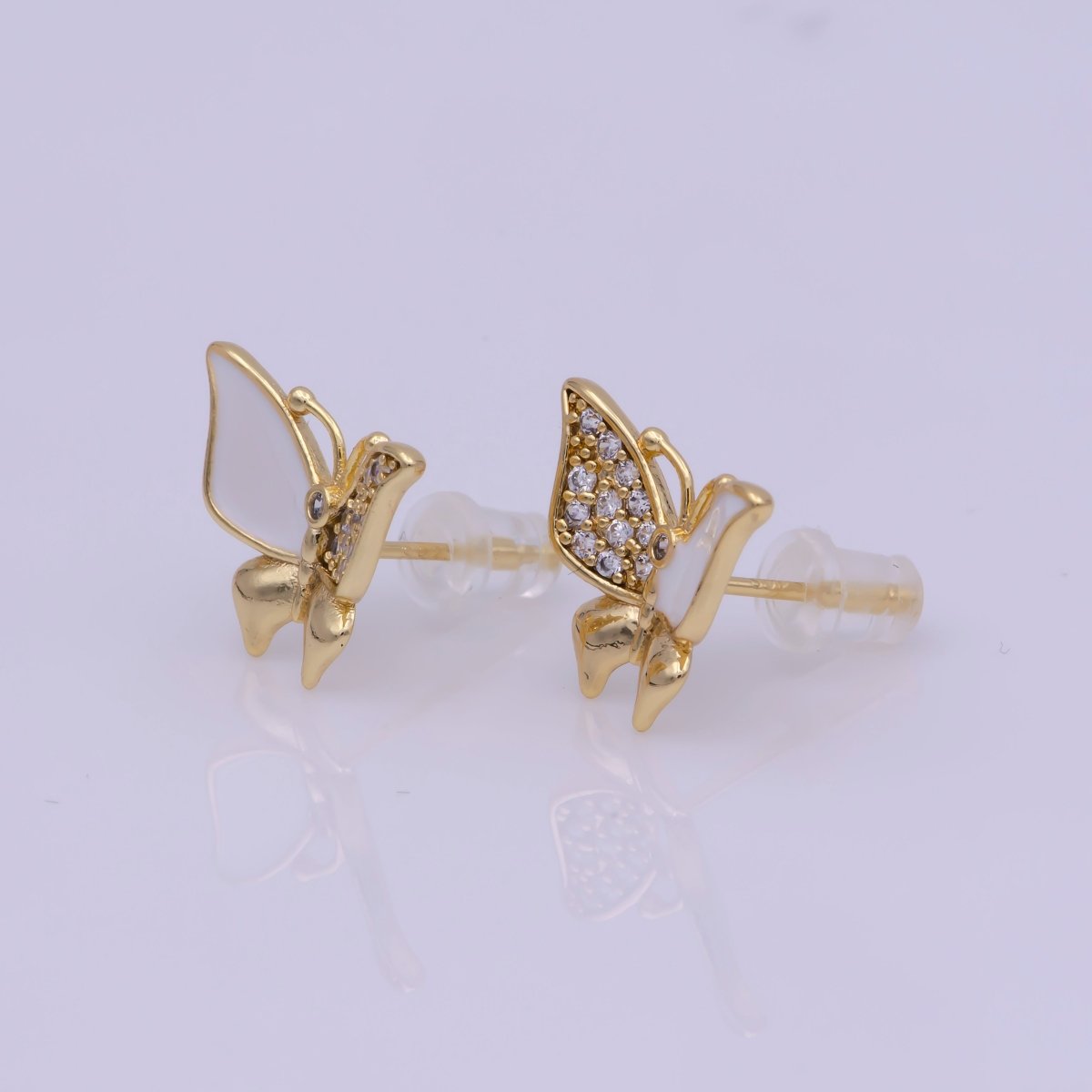 Dainty Teal, White Enamel, Crystal Zirconia CZ Butterfly Wings Gold Stud Earrings | T-225 T-226