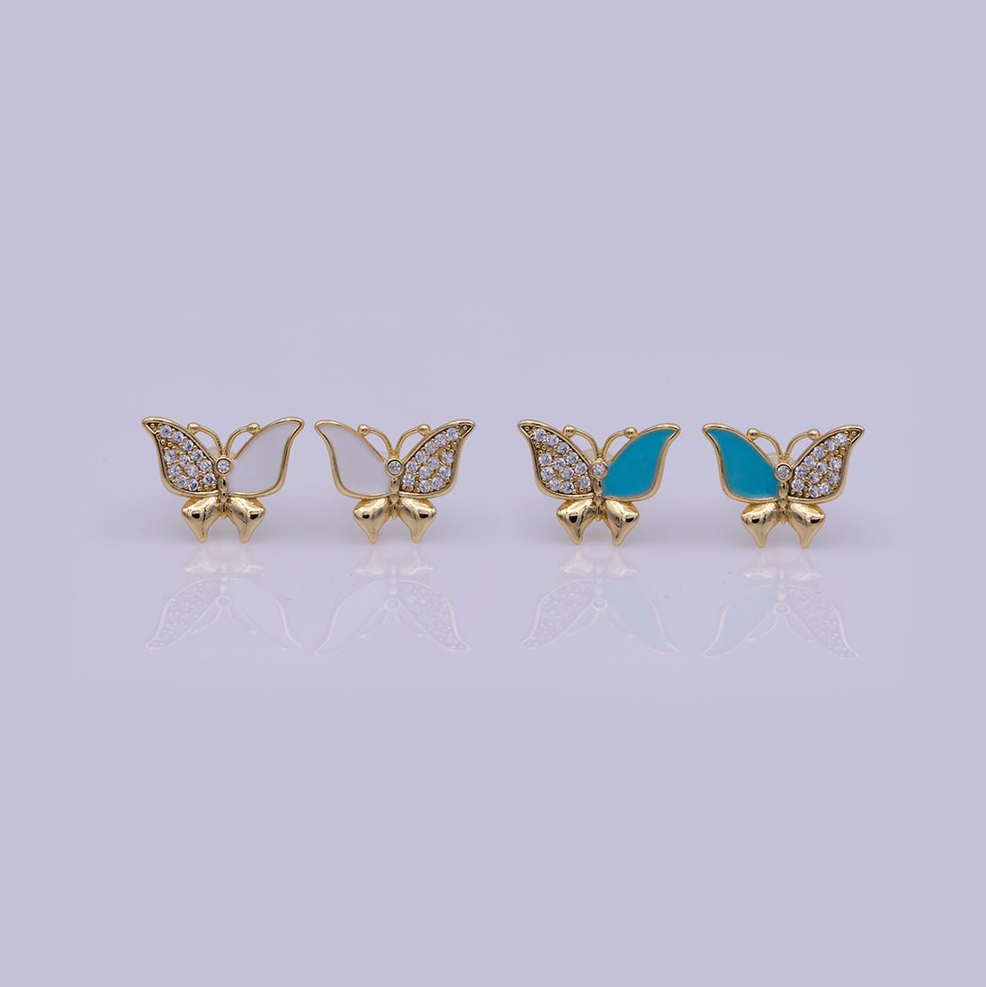 Dainty Teal, White Enamel, Crystal Zirconia CZ Butterfly Wings Gold Stud Earrings | T-225 T-226