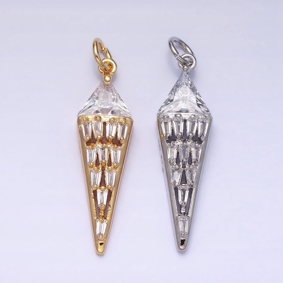 Dainty Triangle Clear Baguette Cubic Zirconia Charms Ice Cone Pendants Small Geometric Jewelry Gold, Silver AC469 AC470