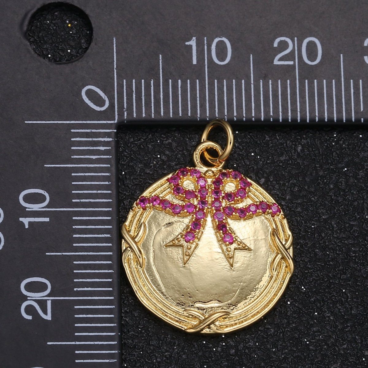 Dainty Twin Crystal Ribbon on Golden Rustic Coin Charm CZ Crystal Purple Ribbon Gold Plated Geometric Charm Pendant GP-022