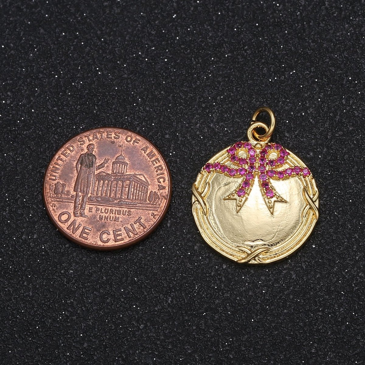 Dainty Twin Crystal Ribbon on Golden Rustic Coin Charm CZ Crystal Purple Ribbon Gold Plated Geometric Charm Pendant GP-022