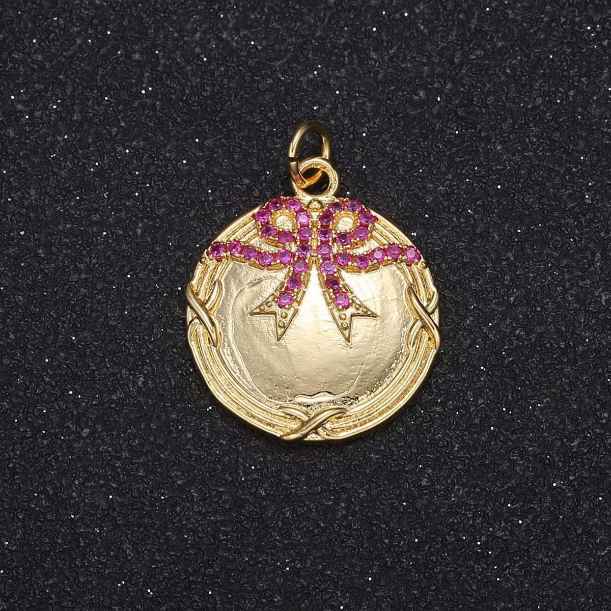 Dainty Twin Crystal Ribbon on Golden Rustic Coin Charm CZ Crystal Purple Ribbon Gold Plated Geometric Charm Pendant GP-022