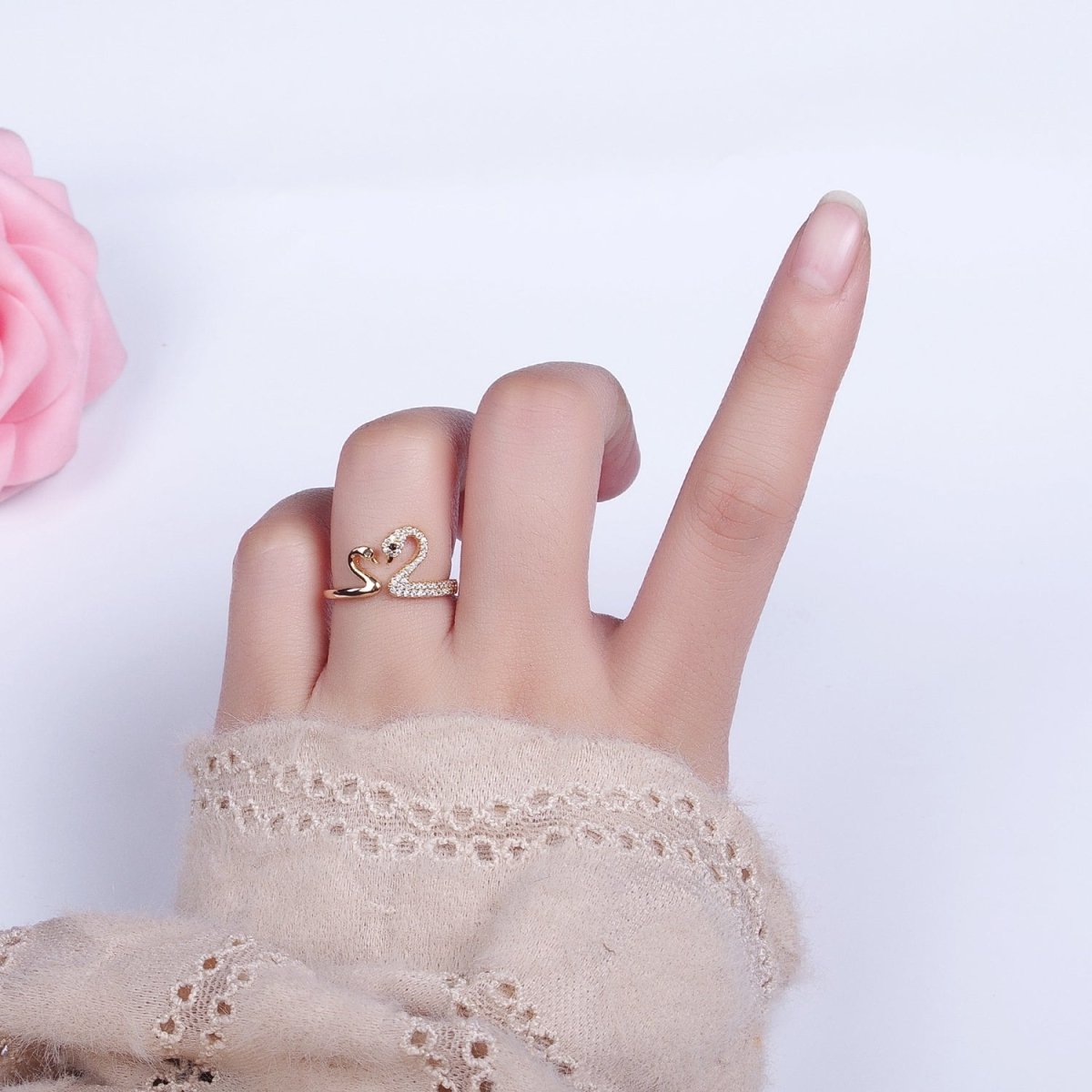 Dainty Two Swan Gold Ring, Adjustable Silver Swan Bird Ring Jewelry, Mother Daughter CZ Open Gold Ring R-519 S-020