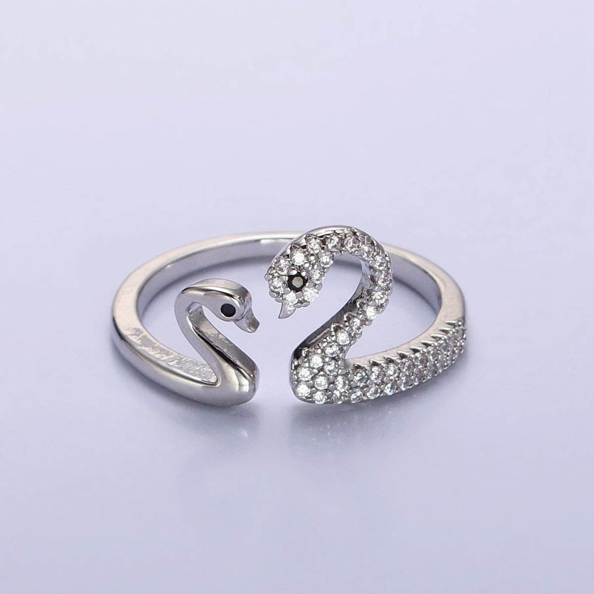 Dainty Two Swan Gold Ring, Adjustable Silver Swan Bird Ring Jewelry, Mother Daughter CZ Open Gold Ring R-519 S-020