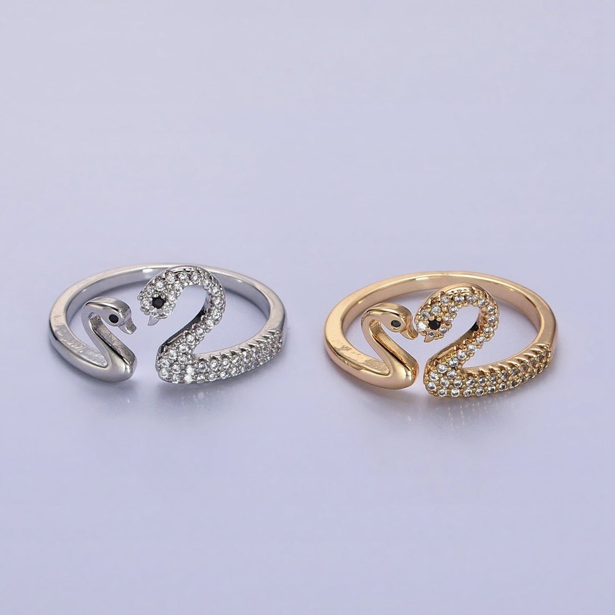 Dainty Two Swan Gold Ring, Adjustable Silver Swan Bird Ring Jewelry, Mother Daughter CZ Open Gold Ring R-519 S-020