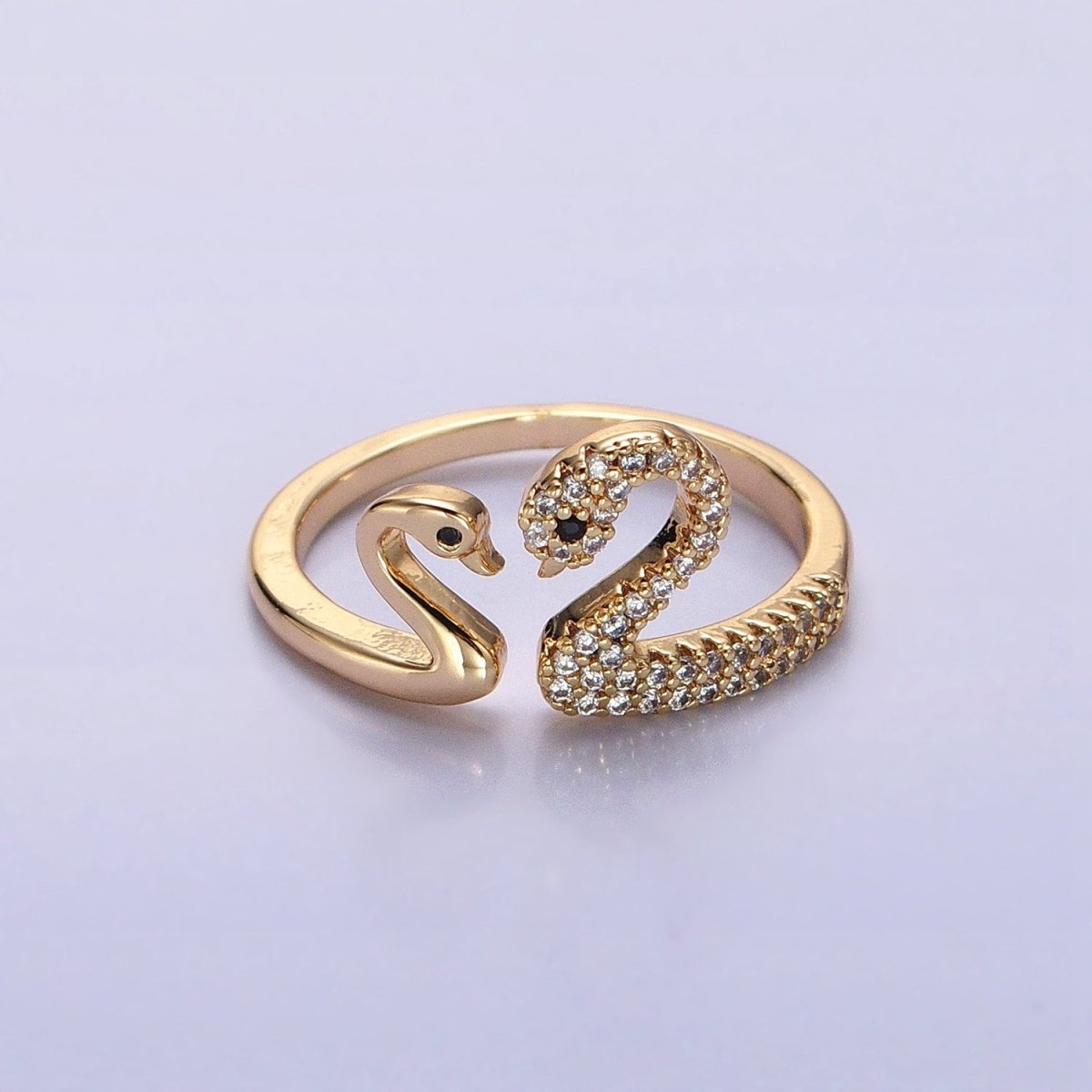 Dainty Two Swan Gold Ring, Adjustable Silver Swan Bird Ring Jewelry, Mother Daughter CZ Open Gold Ring R-519 S-020