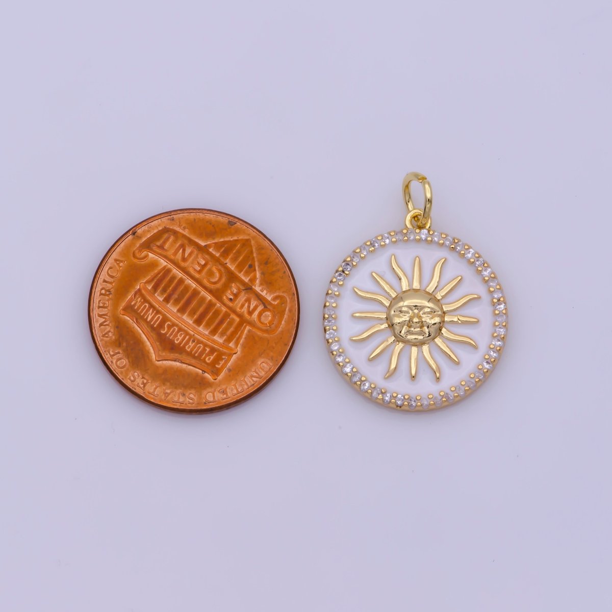 Dainty White Enamel Coin Sun Charm Face Sun Ray Gold Charm, Bracelet, Necklace, Earring Pendant Celestial Jewelry N-184 N-185
