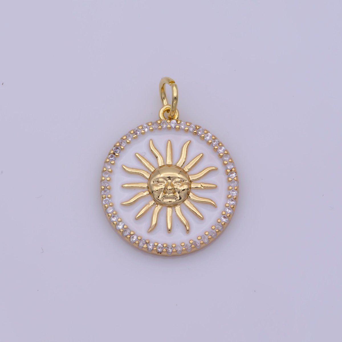 Dainty White Enamel Coin Sun Charm Face Sun Ray Gold Charm, Bracelet, Necklace, Earring Pendant Celestial Jewelry N-184 N-185