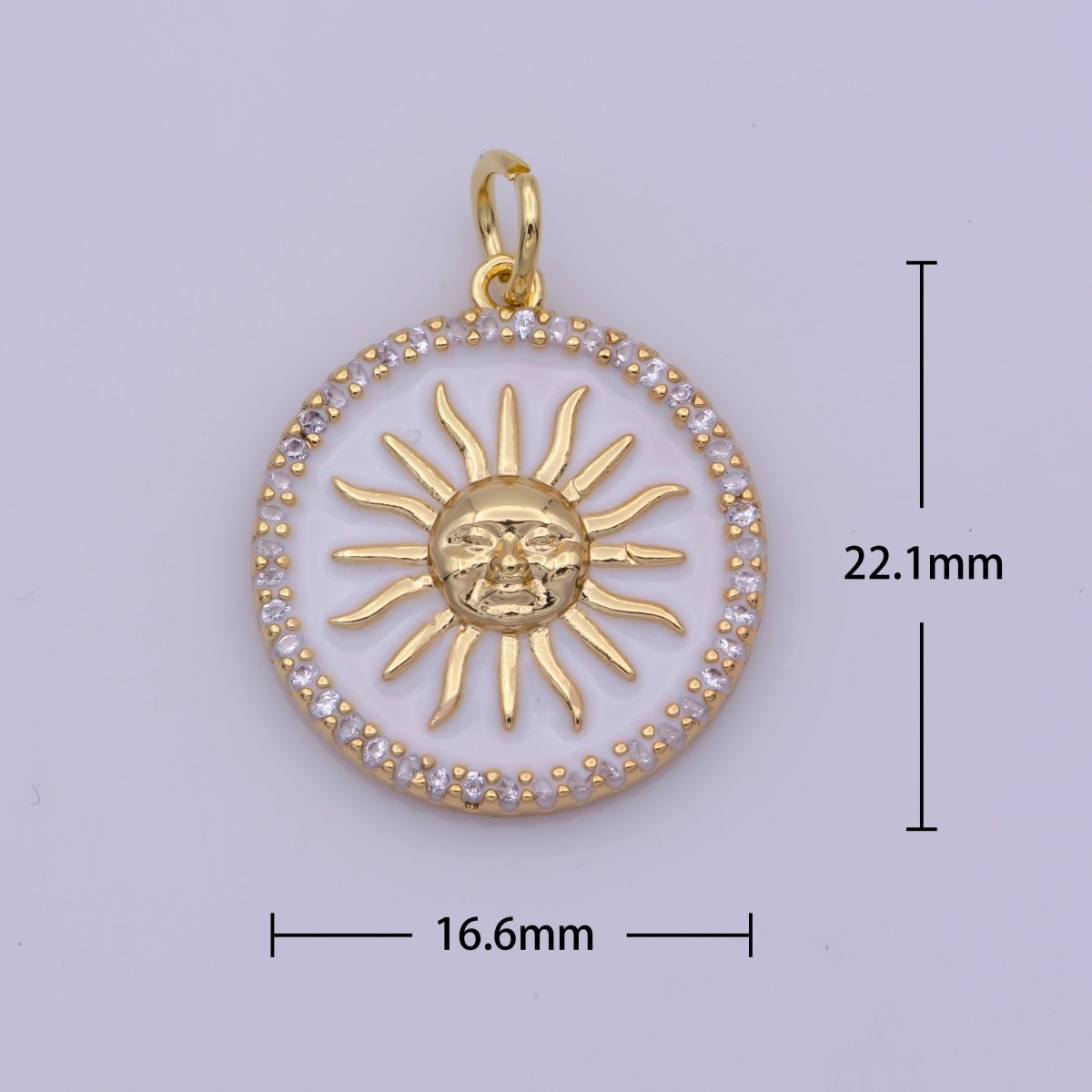 Dainty White Enamel Coin Sun Charm Face Sun Ray Gold Charm, Bracelet, Necklace, Earring Pendant Celestial Jewelry N-184 N-185