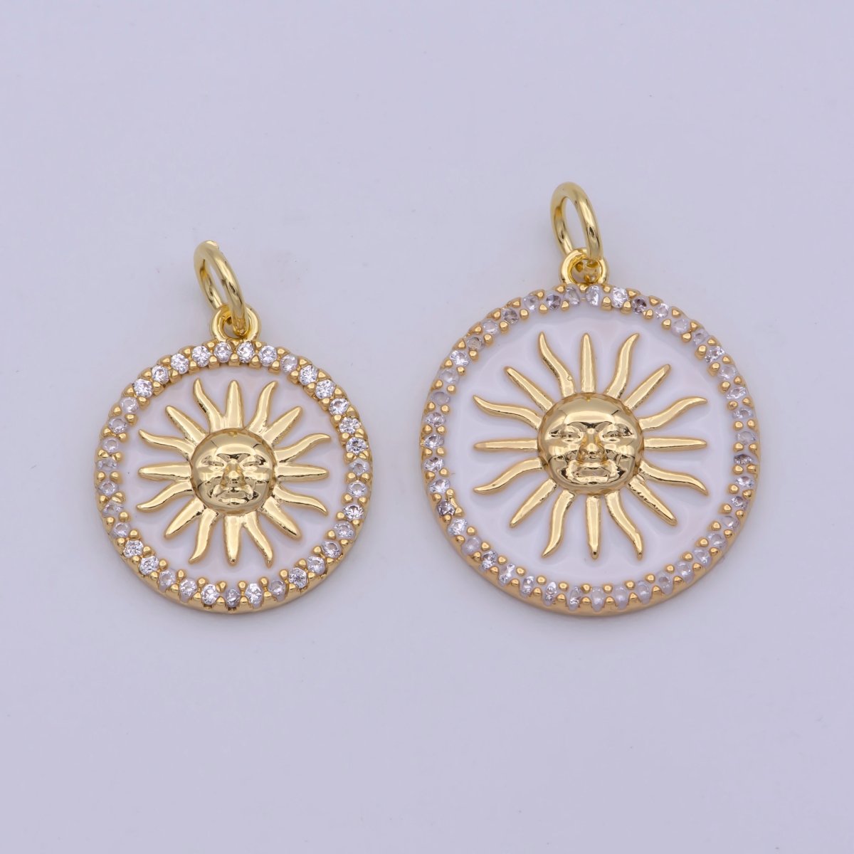 Dainty White Enamel Coin Sun Charm Face Sun Ray Gold Charm, Bracelet, Necklace, Earring Pendant Celestial Jewelry N-184 N-185
