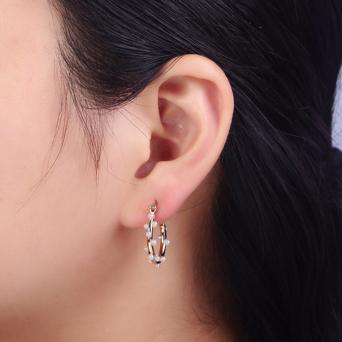 Dainty White Pearl Dotted 21mm Gold Hoop French Lock Latch Earrings | AB129 - DLUXCA