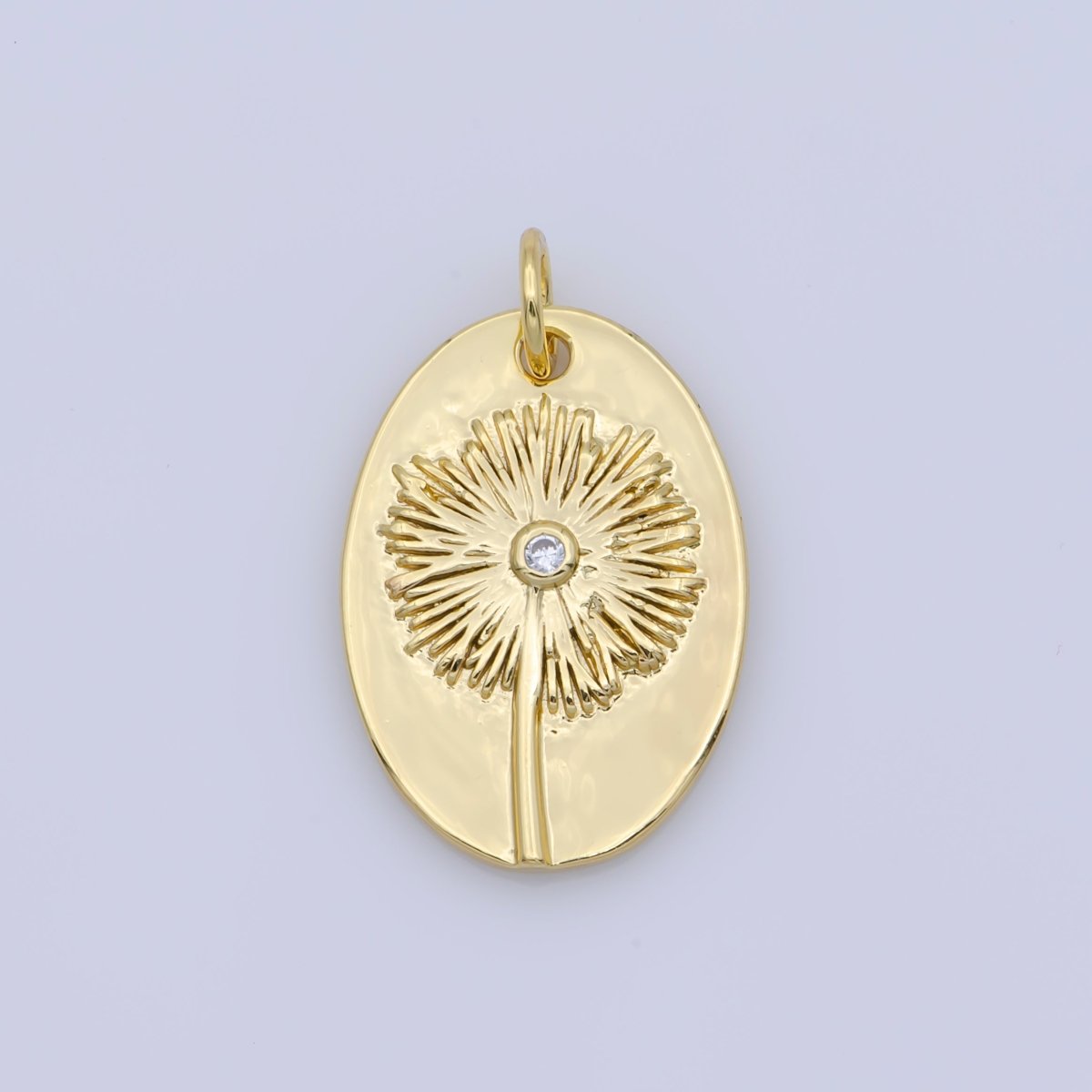 OS Dandellion Flower Charm 14k Gold Filed Dainty Floral Medallion Charm Oval Rustic Pendant for Minimalist Jewelry Supply M-392