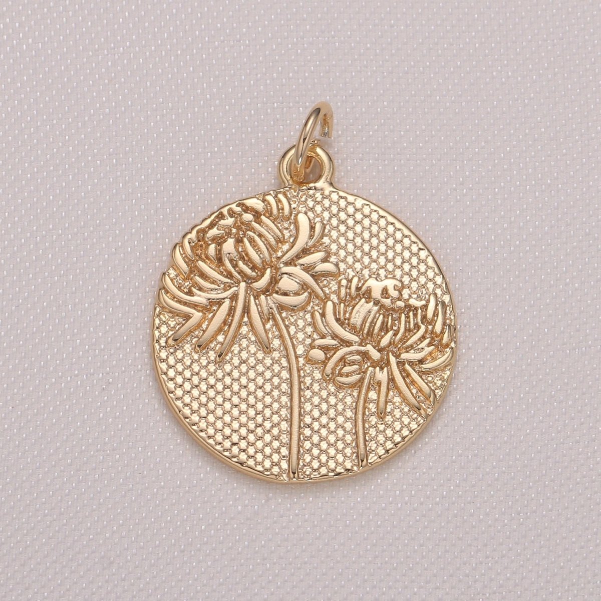 Dandellion Gold Medal Rustic Coin Charm, Gold Plated Floral Nature Medallion Charm Pendant GP-940