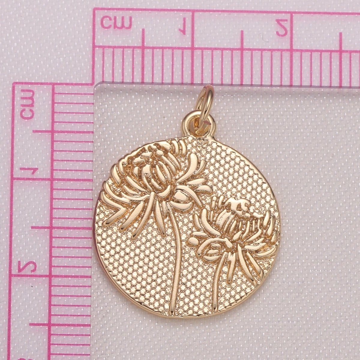 Dandellion Gold Medal Rustic Coin Charm, Gold Plated Floral Nature Medallion Charm Pendant GP-940