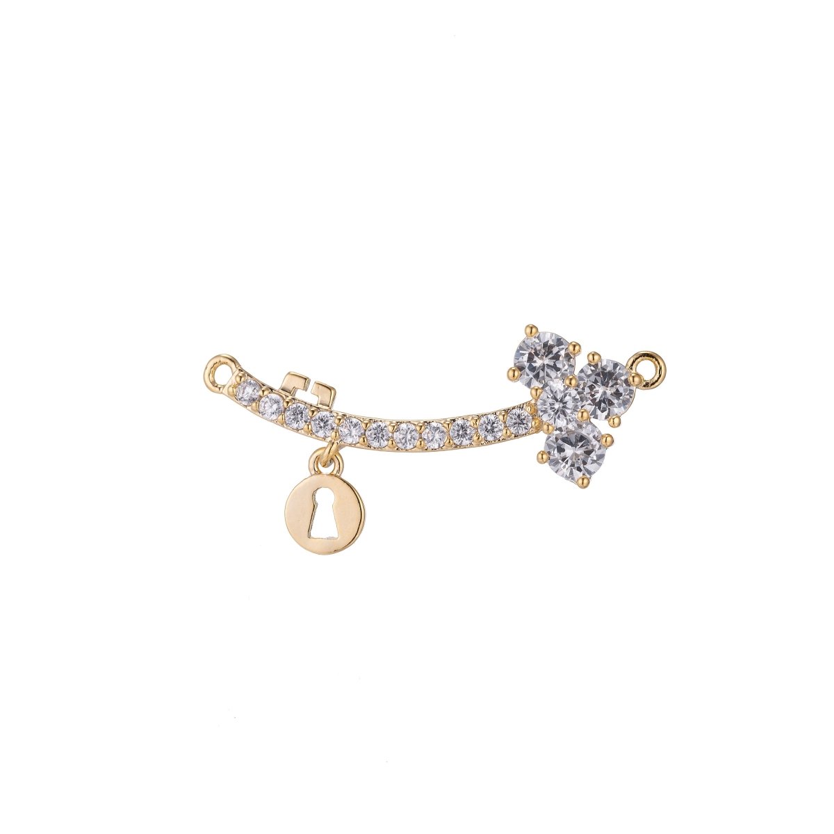 Dangle Gold Key Lock Bracelet Connector, Romantic Look Gorgeous Micro Pave CZ Charm, Modern Bent Locked Necklace Pendant for Jewelry Making F-752