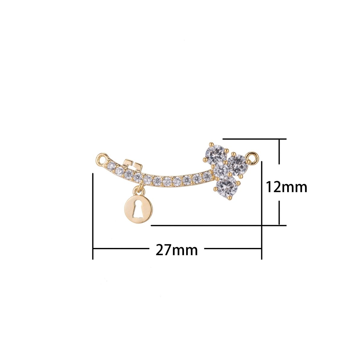 Dangle Gold Key Lock Bracelet Connector, Romantic Look Gorgeous Micro Pave CZ Charm, Modern Bent Locked Necklace Pendant for Jewelry Making F-752
