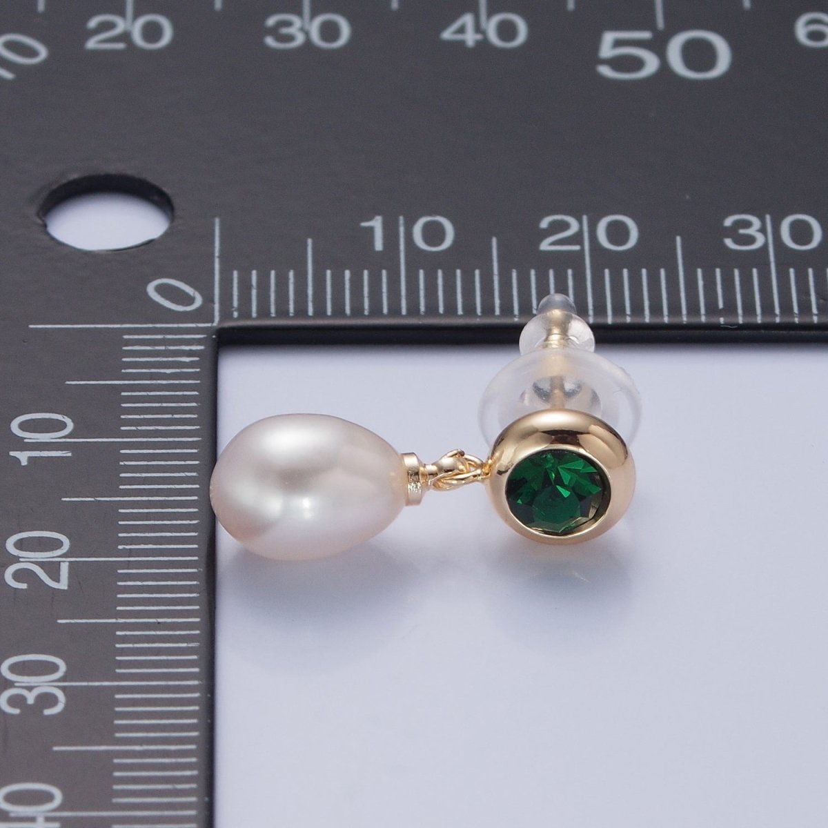 Dangle White Pearl Stud Earring with Green Emerald CZ for Wedding Jewelry T-536 - DLUXCA
