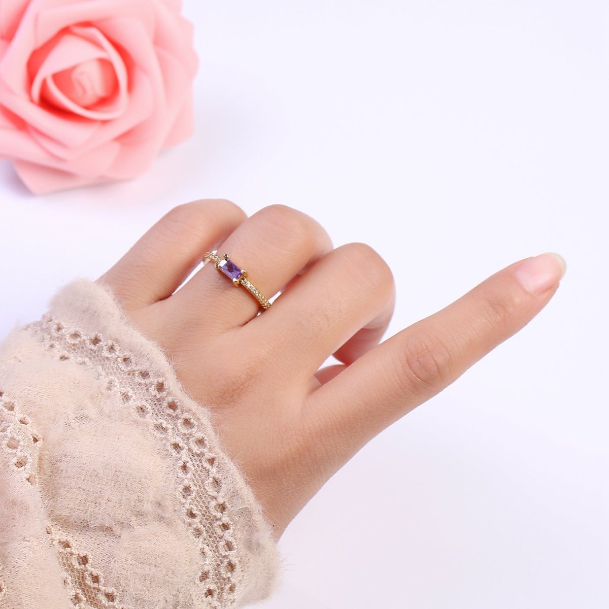 DEL-24K Gold Filled Dainty Emerald Green, Blue, Purple Baguette Crystal Zirconia CZ Adjustable Band Ring  U-300, U-302