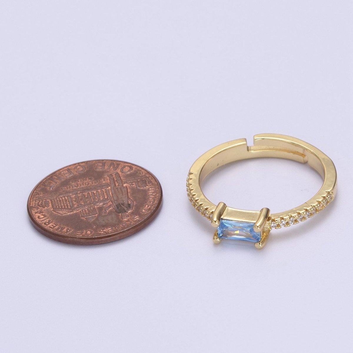 DEL-24K Gold Filled Dainty Emerald Green, Blue, Purple Baguette Crystal Zirconia CZ Adjustable Band Ring  U-300, U-302