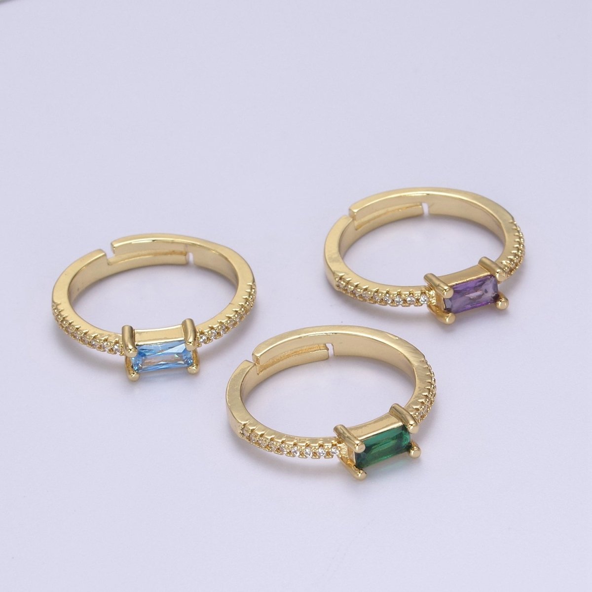DEL-24K Gold Filled Dainty Emerald Green, Blue, Purple Baguette Crystal Zirconia CZ Adjustable Band Ring  U-300, U-302