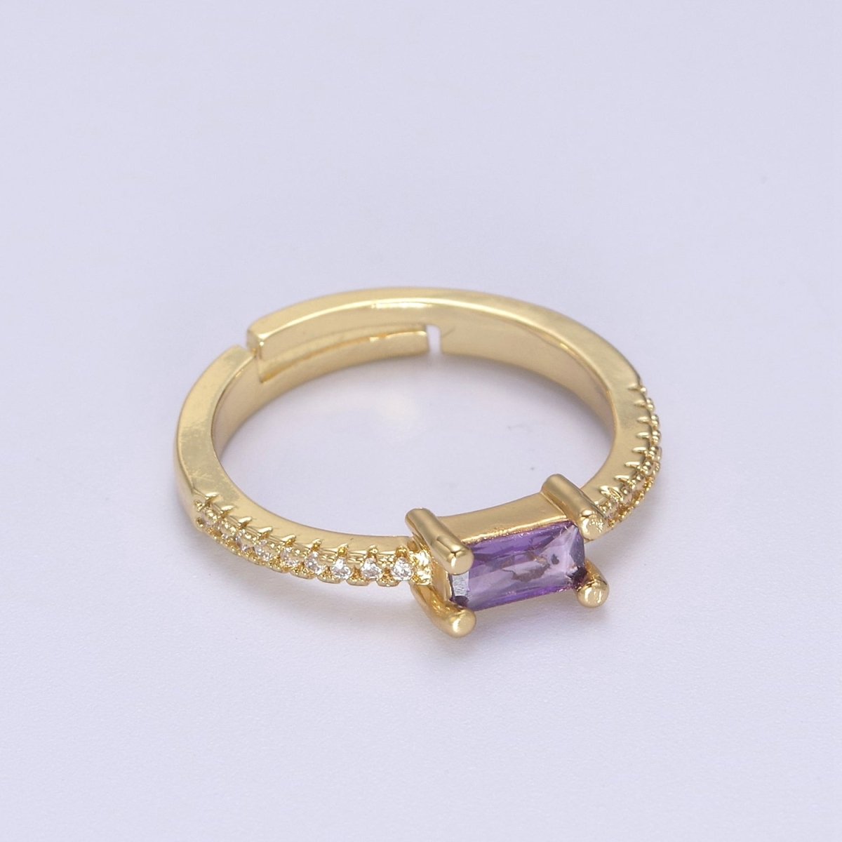 DEL-24K Gold Filled Dainty Emerald Green, Blue, Purple Baguette Crystal Zirconia CZ Adjustable Band Ring  U-300, U-302