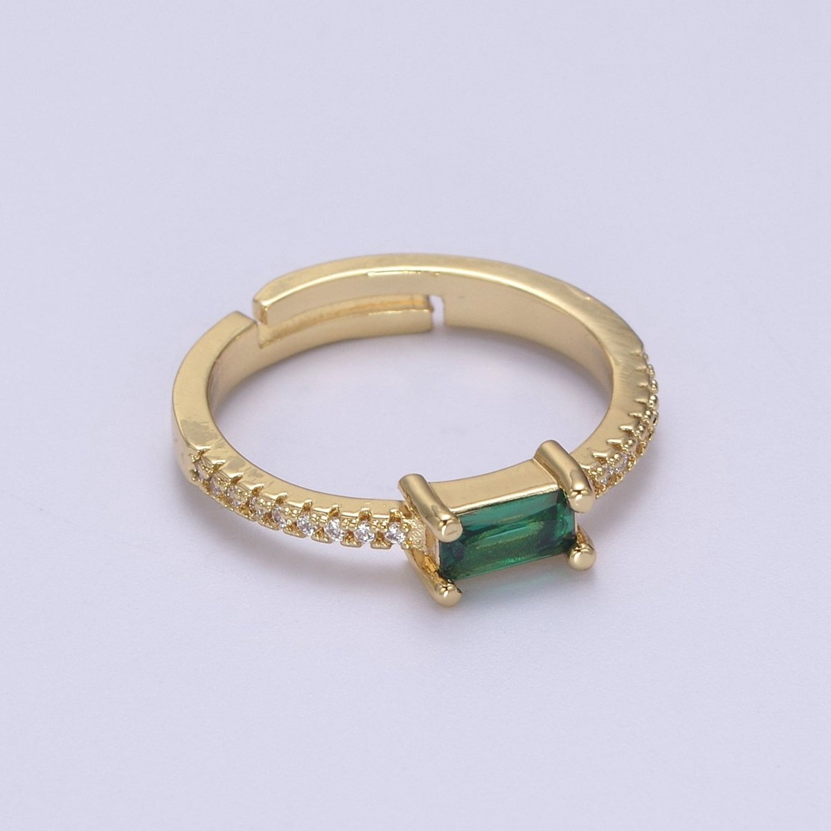 DEL-24K Gold Filled Dainty Emerald Green, Blue, Purple Baguette Crystal Zirconia CZ Adjustable Band Ring  U-300, U-302
