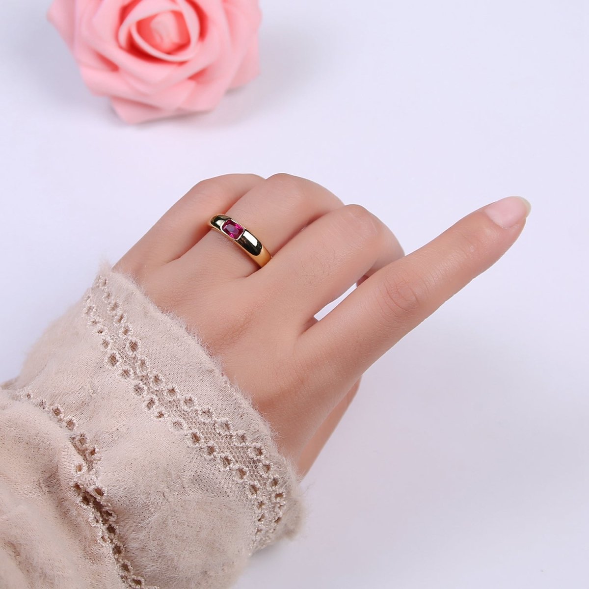 DEL-Minimalist 14k Gold Filled Ring With CZ Clear / Green / Pink Cz Stone Small Rectangle Open Adjustable U-316