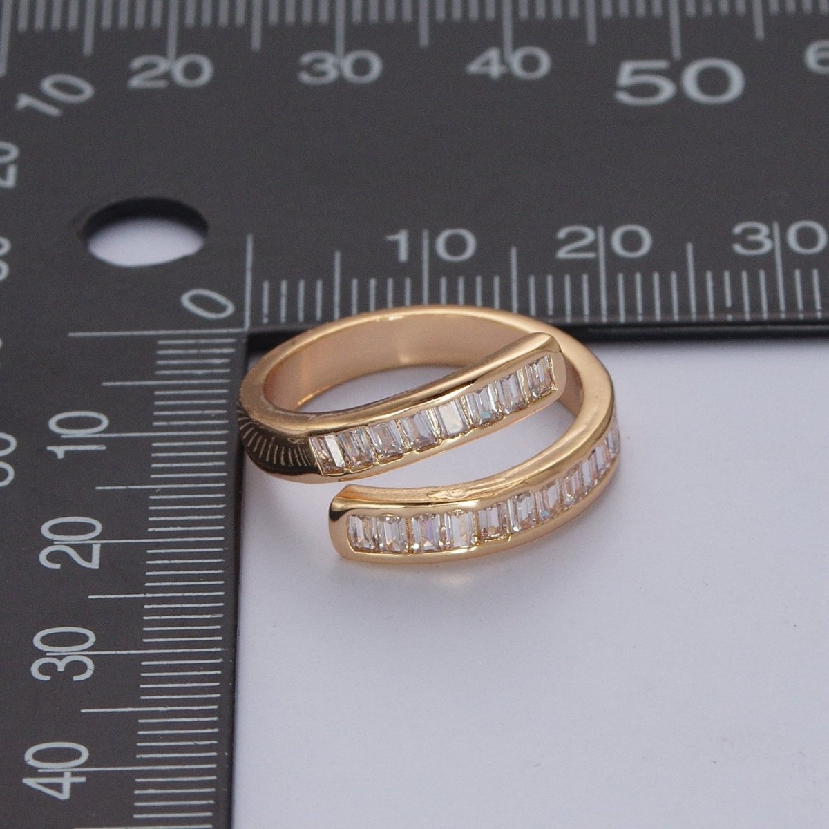 DEL-OS 24K Gold Filled Clear Baguette Cubic Zirconia Double Band Adjustable Open Ring R-275