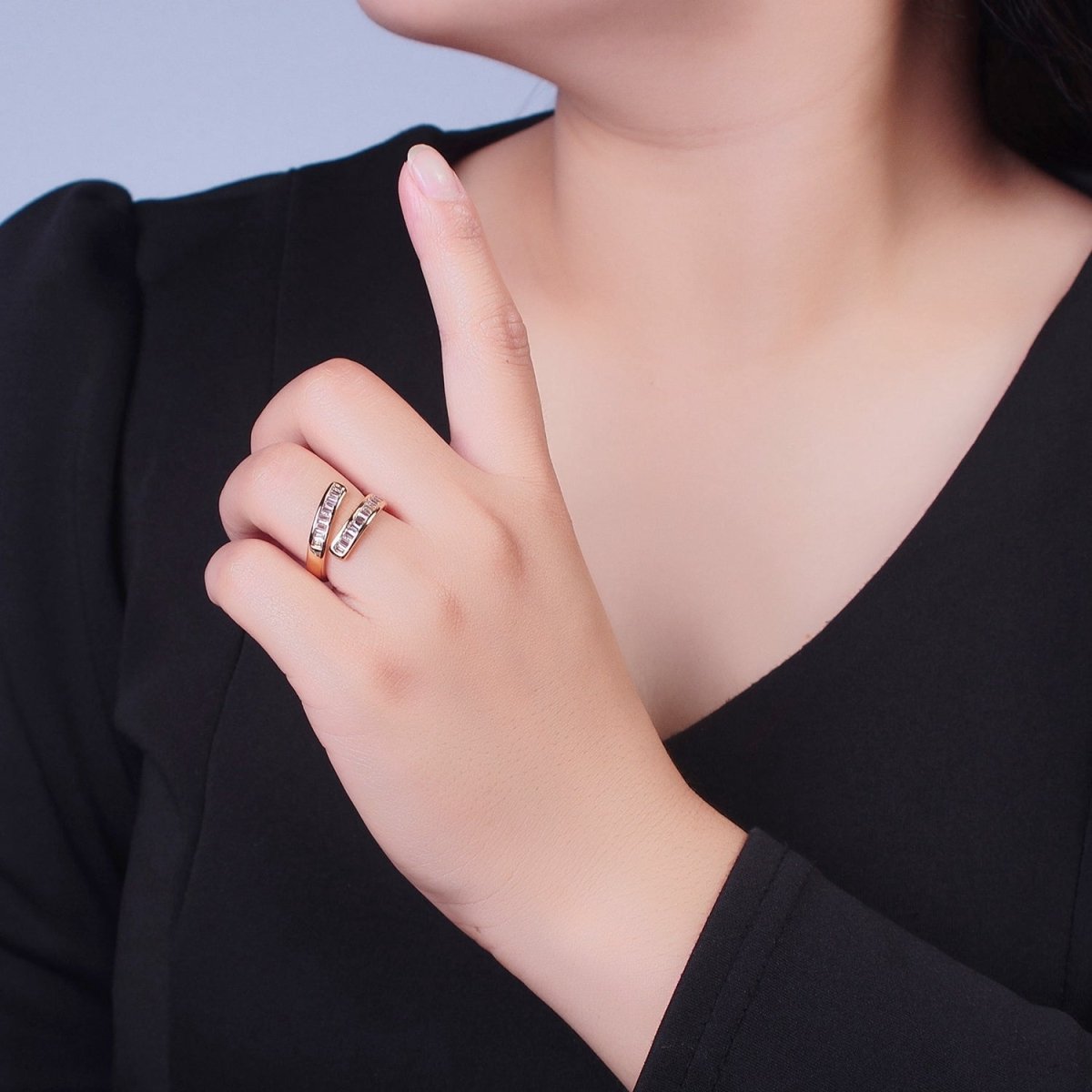 DEL-OS 24K Gold Filled Clear Baguette Cubic Zirconia Double Band Adjustable Open Ring R-275