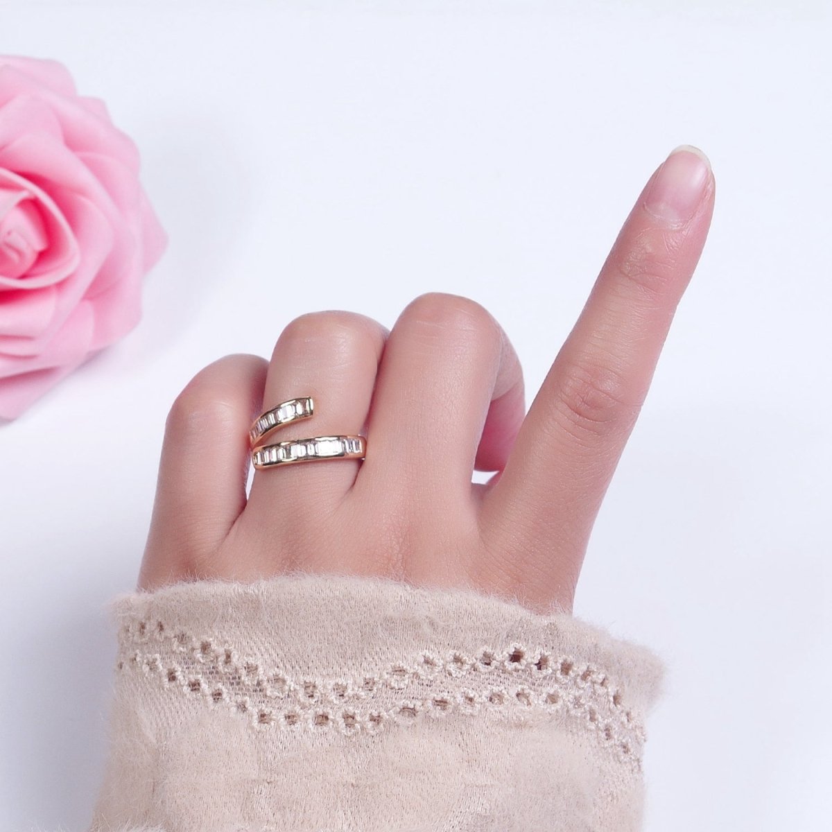 DEL-OS 24K Gold Filled Clear Baguette Cubic Zirconia Double Band Adjustable Open Ring R-275